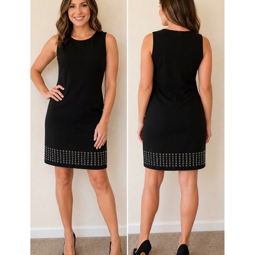 Calvin Klein Black Sleeveless Grommet Studded Hem Sheath Dress 2 Office Career